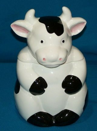 Cow Cookie Jar Black White Jersey Dairy 10 " Horns Ceramic Sitting On Butt Spots