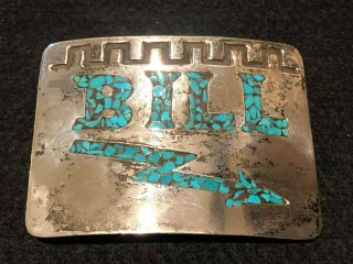 Vintage Sterling Silver Western Belt Buckle With Turquoise Chip Inlay