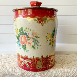 Vintage George W.  Horner & Co Floral Red Ornate Tin Metal Lid Container Canister