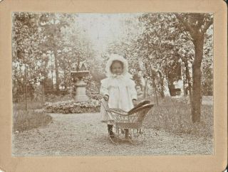 Dorothy W/ Frilly Bonnet - By Fountaiin In Park With Wicker Doll Carriage - 1896