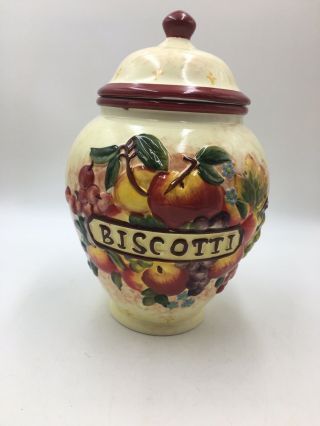 Nonni’s Biscotti Cookie Jar Hand Painted Fruit Motif Canister & Lid 11”