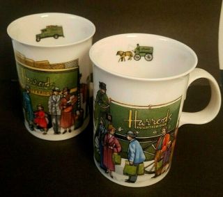 2 Harrods Knightsbridge Fine Bone China Tall Coffee Cups Mugs Truck Horse Wagon