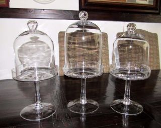 Set Of 3 Vintage Pastry Stands Clear Glass Pedestals With Dome Covers