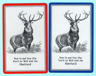 2 Single Vintage Playing/swap Cards Animals Deer Stag Ad Hartford Insurance A23