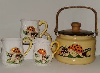 Vintage Merry Mushroom Enamelware Teapot & Ceramic Mugs And Pourer - Kitchy