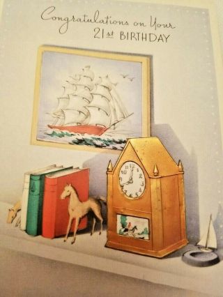 Vintage 1940s Birthday Greeting Card 3d Metallic Mantel Clock