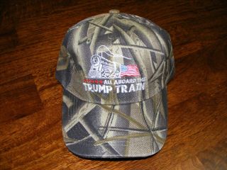 Trump Hat All Aboard The Trump Train.  Train With Flag On Camo Hat.