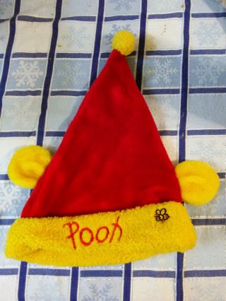 Disney World Winnie The Pooh Plush Santa Hat Red Yellow Christmas Bee Ears Euc