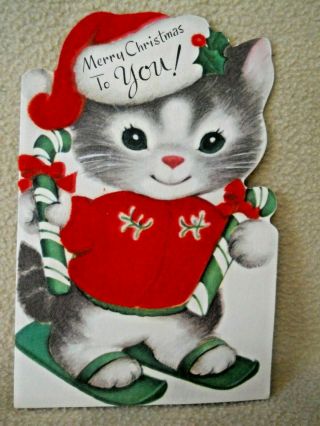 Vintage Rust Craft Flocked Christmas Greeting Card / Kitten Skiing / Cat (6)