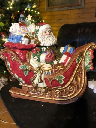 Fitz & Floyd Santas Sleigh Cookie Jar Santa Claus Christmas W/ Box 11 " X 12”