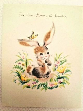 Vintage 1940s Hallmark Easter Card Fuzzy Flocked Brown Bunny Rabbit & Flowers