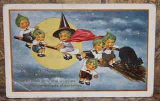 HALLOWEEN POSTCARD PUBLISHED BY WHITNEY,  GREEN HAIRED CHILDREN. 2