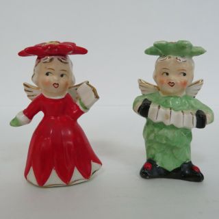Vintage Christmas Angel Poinsettia Hat Girl & Boy Salt & Pepper Shakers,  Japan