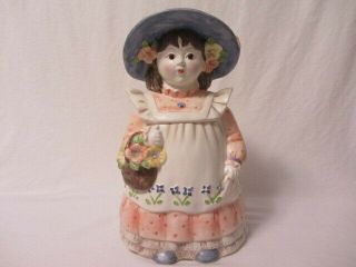 Vintage Cookie Jar Country Girl Glass Eyes Pink Dress Blue Hat Flower Basket