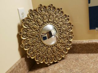 Vintage Gold Gilt Round Decorative Fleur De Lis Flower Wall Plaque Convex Mirror