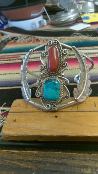 Vintage Navajo Old Pawn Turquoise Coral Stone Sterling Silver Cuff Bracelet