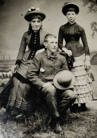 Tintype Photo Lucky Young Man W/ 2 Fashionable Young Women Hats