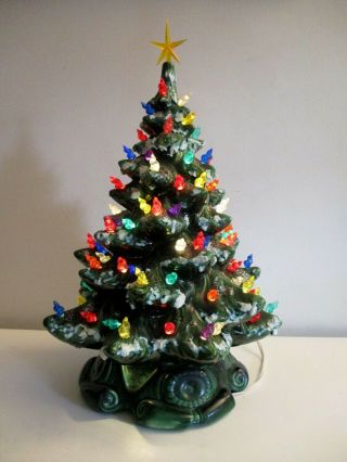 Vintage Ceramic Christmas Tree Atlantic Mold Light Up Flocked Snow 18” With Base