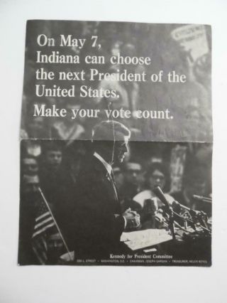 1968 Robert Kennedy Indiana Primary Campaign Flyer Bobby Vintage