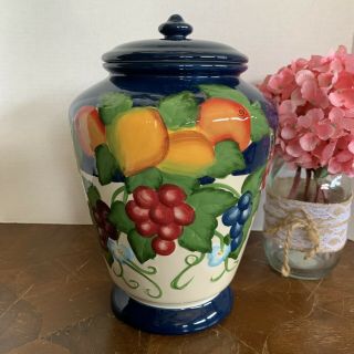 Biscotti Cookie Jar Canister Hand - Painted Nonnis Fruit Design 10 1/2 "