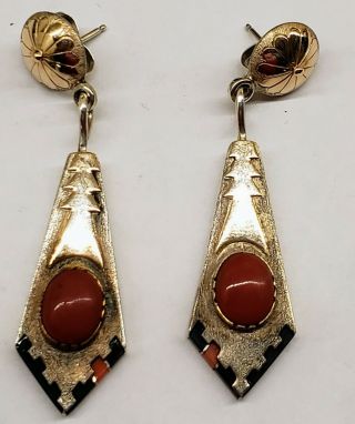 Vintage Native American Sterling Silver And 14k Yellow Gold Coral Earrings