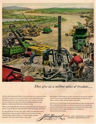 1956 John Hancock Life Insurance - Highway Construction - Crane - Vintage Ad