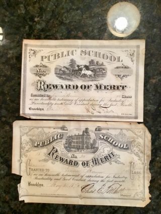 2 Antique Public School Reward Of Merit Certificates 1870 & 1876,  Ps 25 Brooklyn