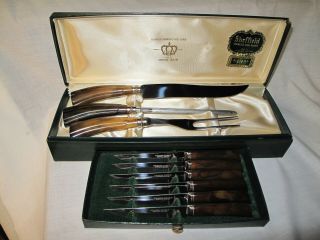 Vintage Crown Crest Englishtown Sheffield Carving Knife Set,  Steak Knives,  Box