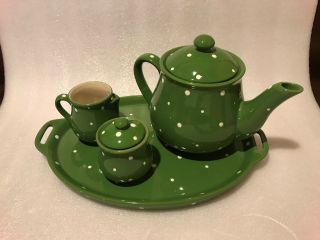 Temp - Tations Green & White Polka Dot Tea Set W/platter,  Creamer,  Sugar & Teapot