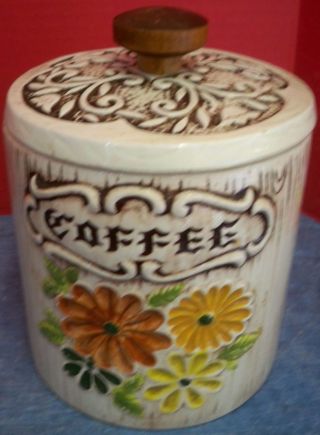 Vtg Treasure Craft Ceramic Coffee Canister Sculpted Flowers Wood Look White Usa