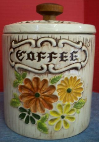 Vtg Treasure Craft Ceramic Coffee Canister Sculpted Flowers Wood Look White USA 2