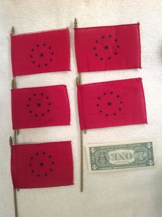 Five Vintage 4” X 6” Southern Flags,  Battle Ensign,  Red With 11 Stars