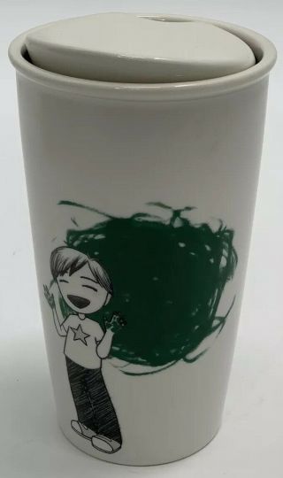 Starbucks Green Scribble Girl Travel Mug With Ceramic Lid,  12oz Tumbler,  2015
