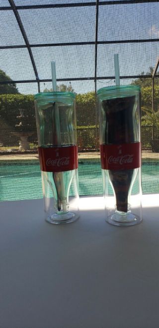 Coca - Cola Coke Icon Tumbler Double Wall Insulated W/straw Bottle Shape Set Of 2