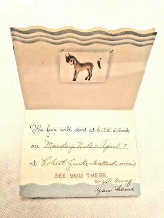 Vtg.  1930s 1940s Child ' s Birthday Party Invitation Boy Girl Pin Tale On Donkey 2