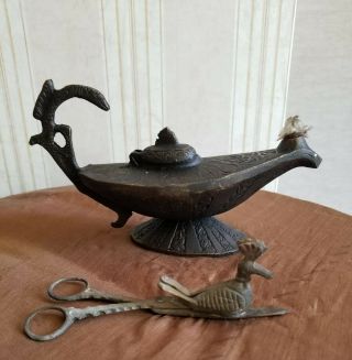 Vintage Hollow Carved Zinc Alloy Metal Aladdin Genie Oil Lamp - 1966