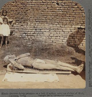 Laying On A Bed Of Nails - Unclothed Man In Calcutta India 1903 Stereoview
