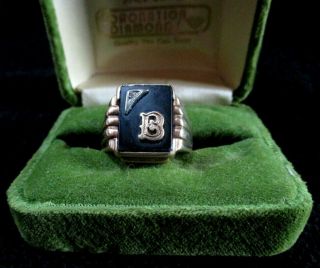 Vintage Signet Ring Size 12 Black Stone W/b And Diamond Chip