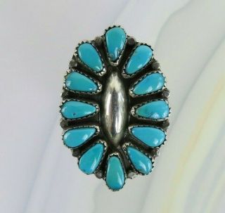 Vtg Native American Sleeping Beauty Turquoise Cluster Sterling Silver Ring 6.  75