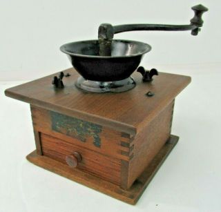 Vintage Wooden Coffee Grinder Mill Box Wood And Metal With Metal Spoon M713