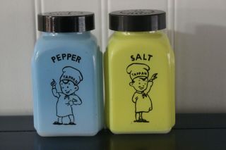 Vintage Near Pristine Tappan Range Top Salt & Pepper Shaker Set; Blue & Yellow