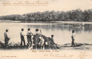 Pigres,  Pacific Coast,  Costa Rica,  Men On Bank Of A River,  Boat 1905
