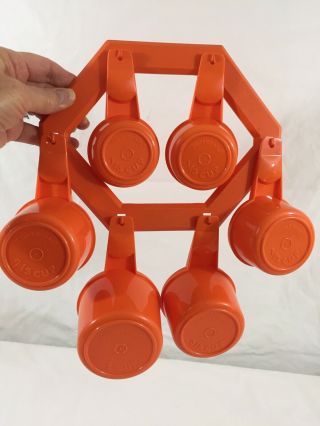 Vtg Orange Tupperware Measuring Cups Complete Set With Wall Hanger