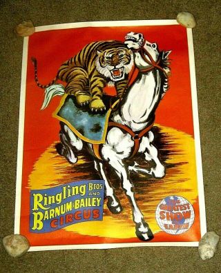 Vintage Ringling Brothers Barnum Bailey Circus Posters Tiger On Horse 27 X 21