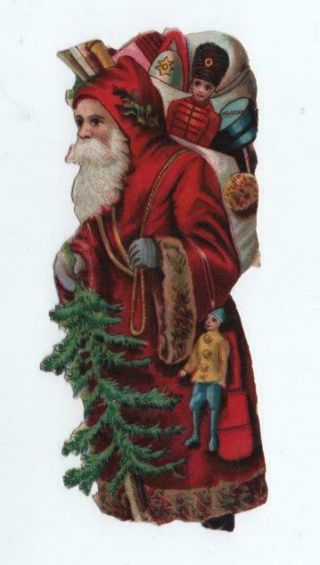 Large Victorian Die Cut Chromo Scrap Of Santa Claus,  Tree,  Toys (imperfect)