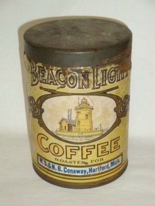 Old Paper Label Beacon Light Brand Tall 1 Lb Advertising Coffee Tin Can