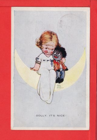 Mabel Lucie Attwell Girl And Black Doll Sitting On Moon Pub 1920s Pub Valentine