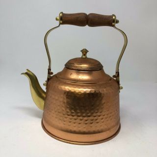Hammered Copper Tea Kettle With Brass Spout And Wooden Handle