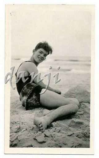 Studly Young Swimsuit Man With Sandy Hairy Legs,  Feet In The Camera Old Photo