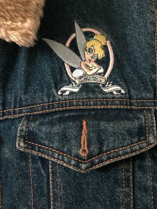 Disney Women ' s Small Tinker Bell Embroidered Denim Jean Sherpa Jacket Coat 2